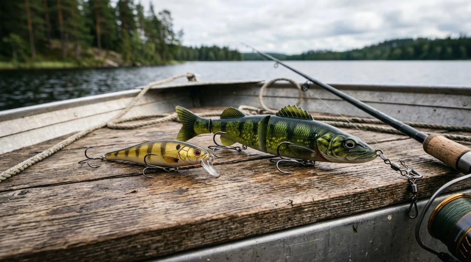 A side-by-side comparison of a standard 4-inch pike lure resting next to a massive 10-inch swimbait on a wooden boat deck