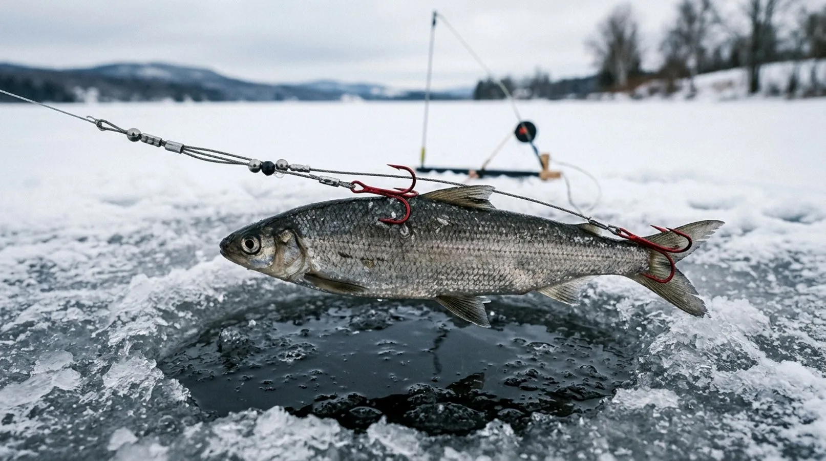 A close-up of a heavy-duty quick-strike rig properly hooked into a large dead baitfish, suspended horizontally just above an ice hole