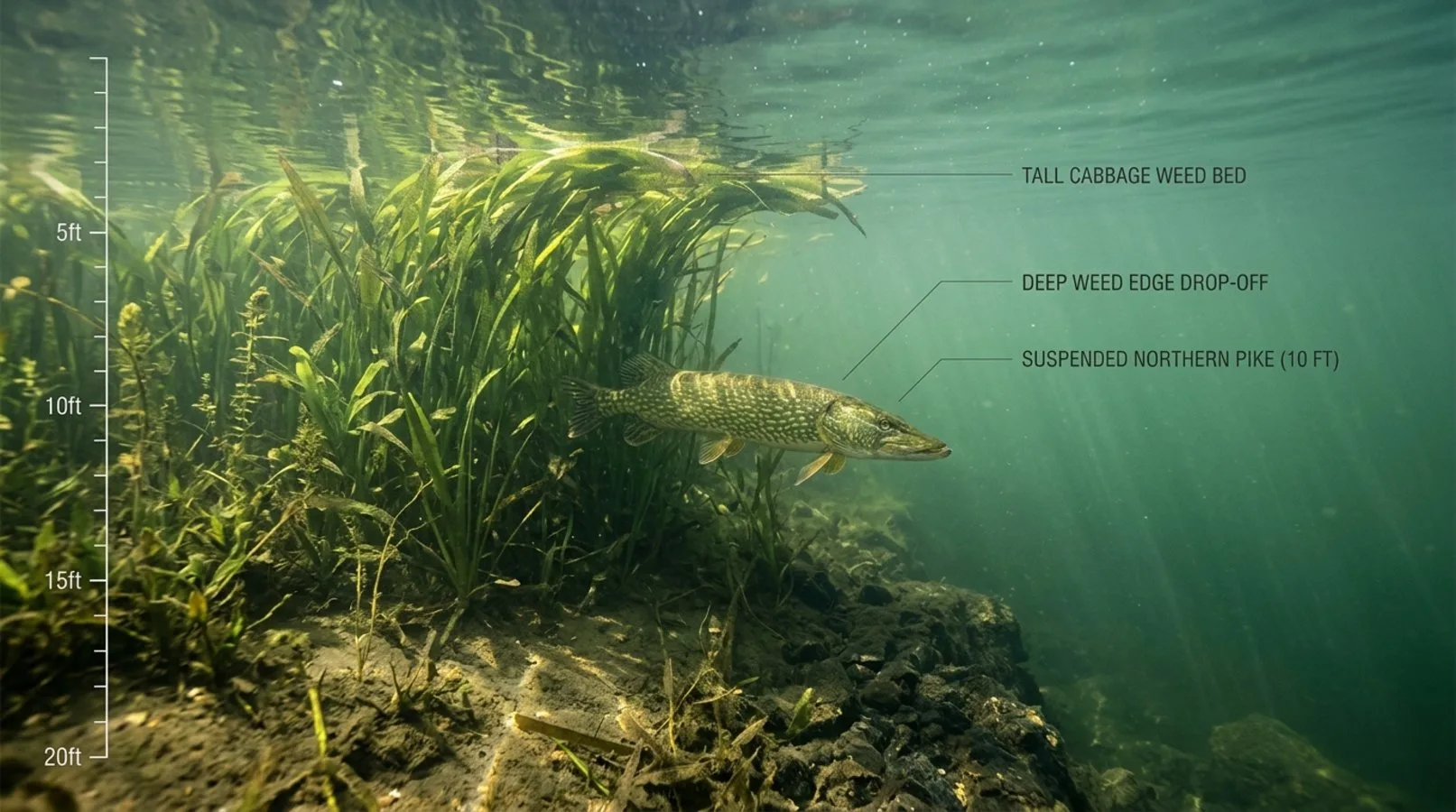 A diagram showing a deep weed edge drop-off where a large northern pike suspends in 10 feet of water next to tall cabbage weeds during the summer months