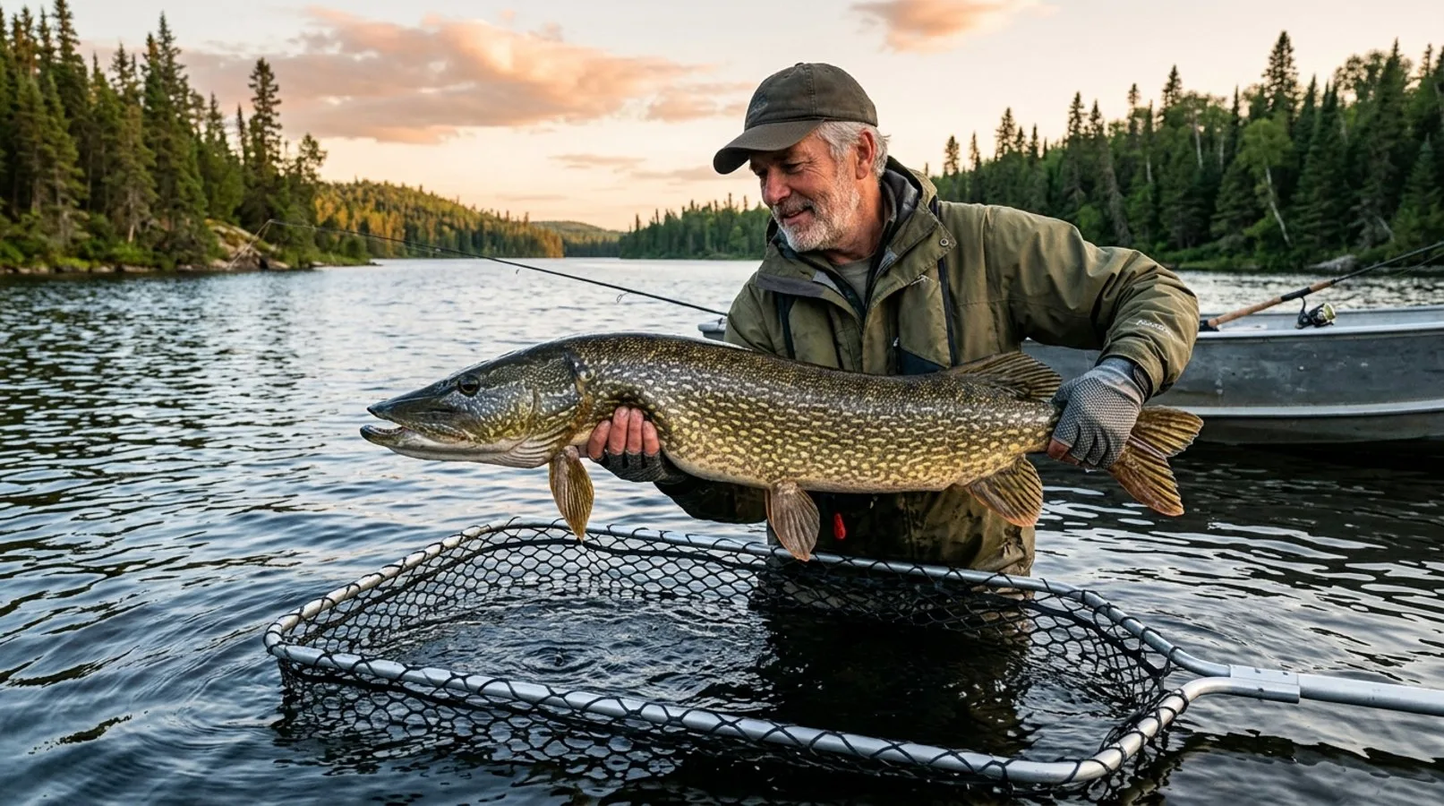 An angler properly holding a massive northern pike horizontally, supporting the heavy belly with one hand, over a large rubberized cradle net in the water
