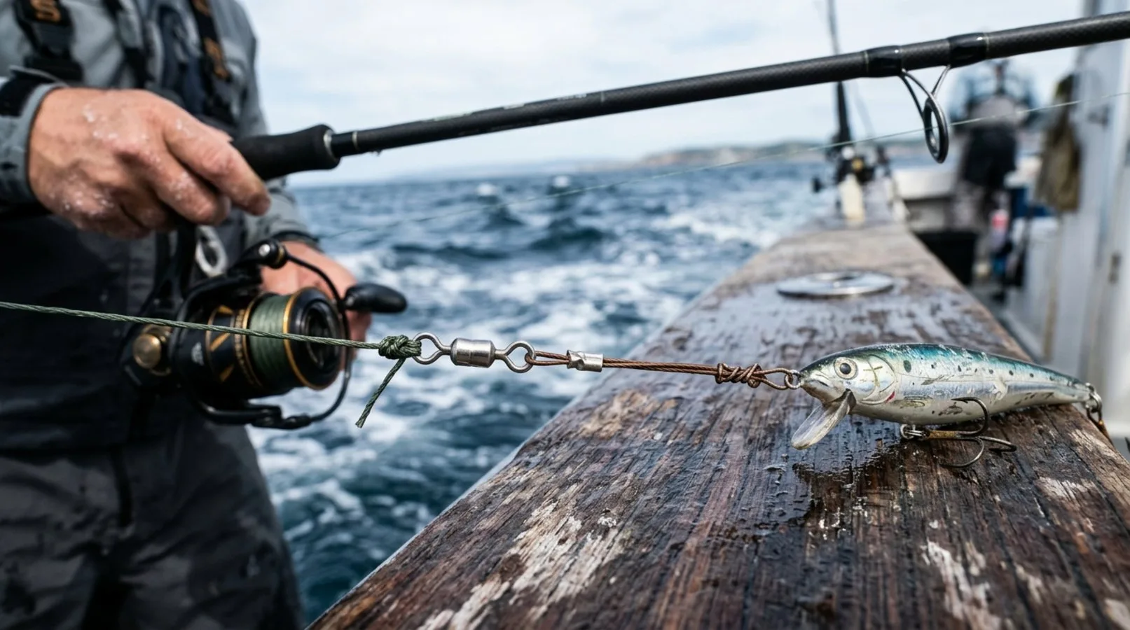 Close-up of a wire leader attached to a main line and a lure, highlighting the rigging necessary to prevent bite-offs.