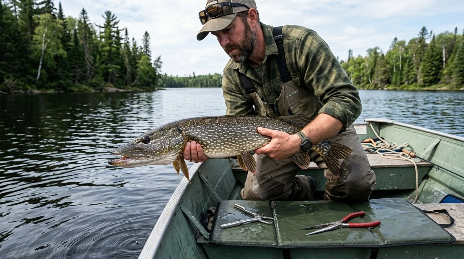 An angler demonstrating the proper gill-plate hold on a northern pike, with jaw spreaders and long pliers visible.