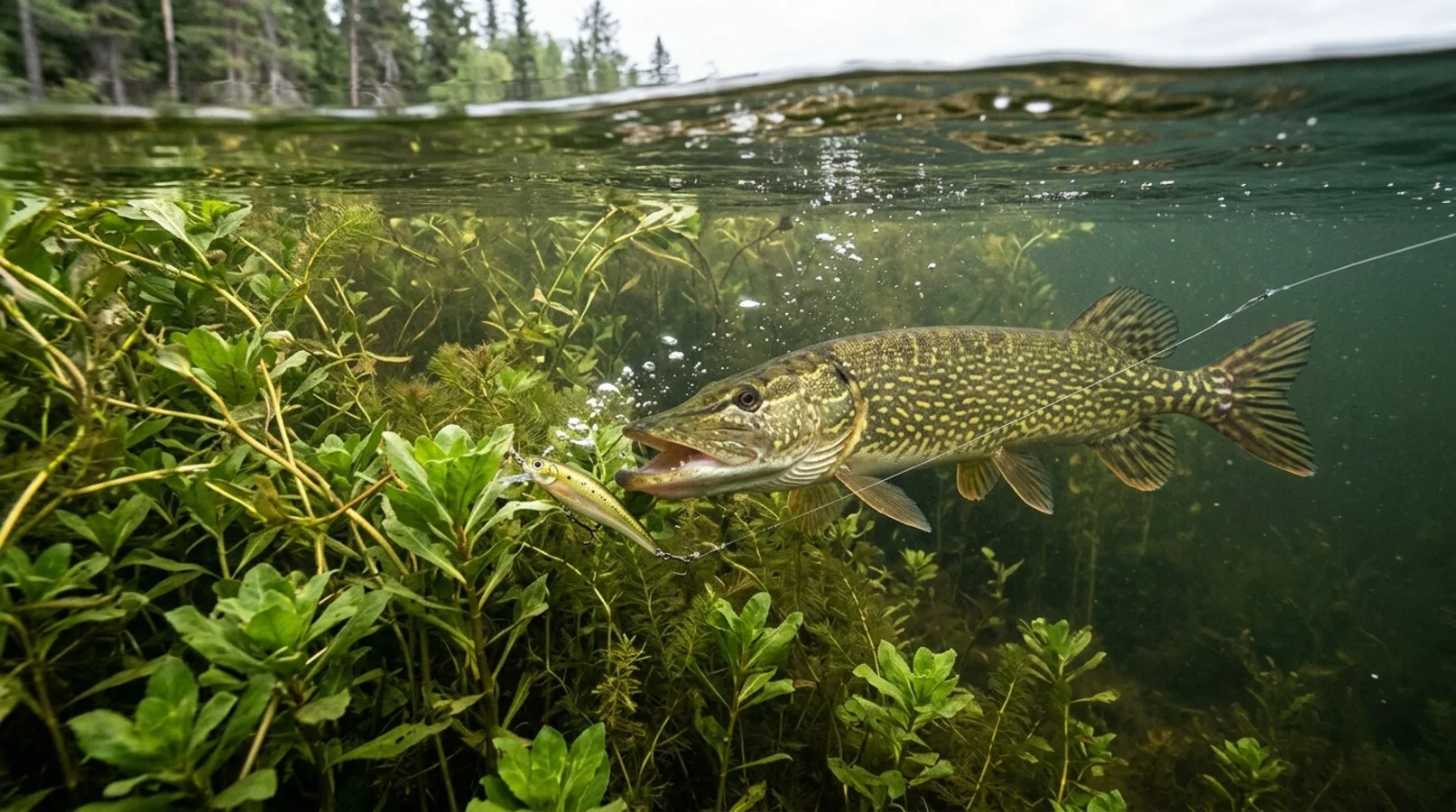 An underwater or clear surface shot showing a distinct weed line or cabbage weed bed where pike ambush prey.