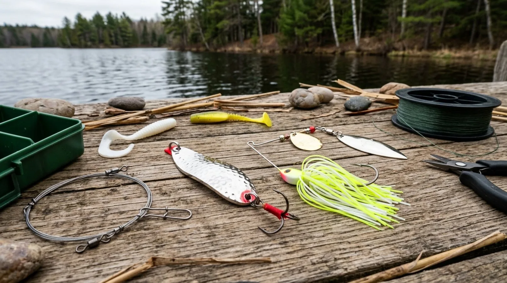 A flat lay of beginner-friendly pike lures, specifically featuring a shiny spoon and a bright spinnerbait.