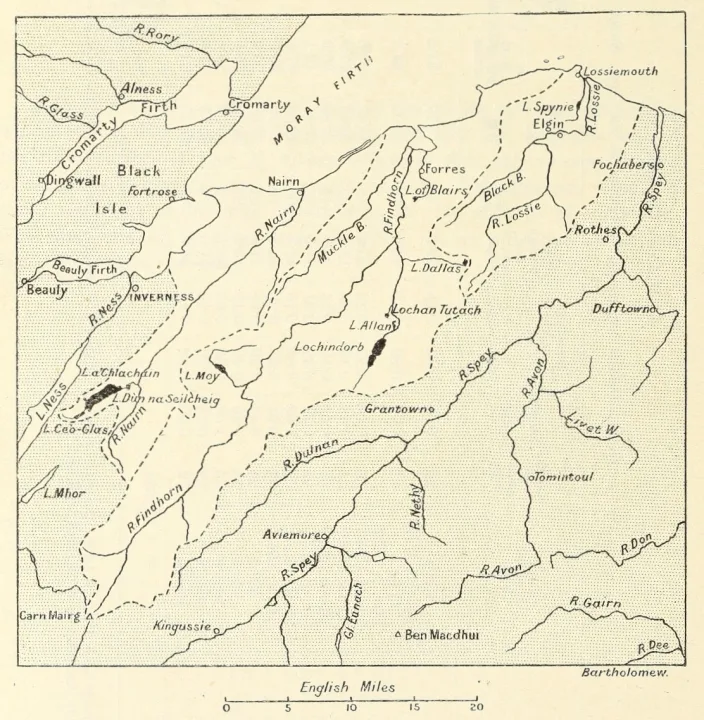 River Lossie — Map is marked "Bartholomew" presumably referring to John George Bartholomew (1860–1920) or his company. Authorship possi / Wikimedia Commons / Public domain